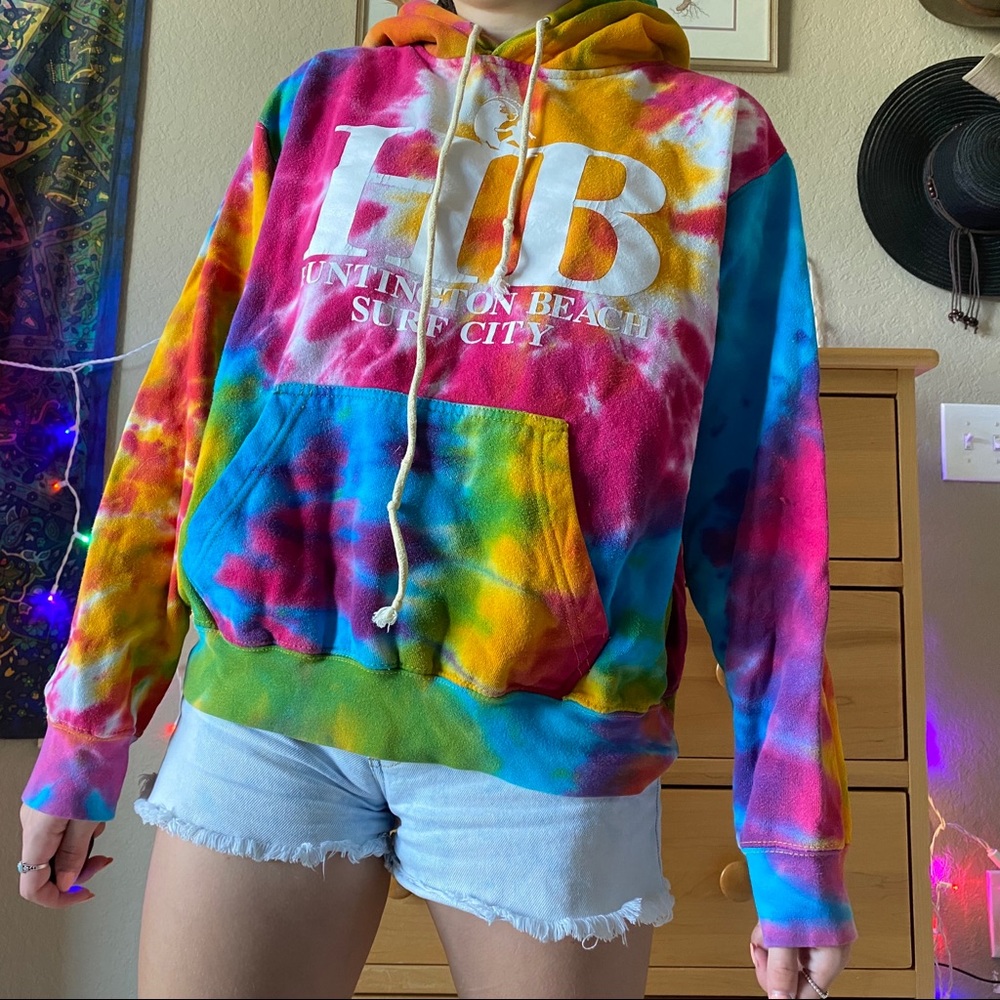 Huntington Beach, CA rainbow tie-dye hoodie